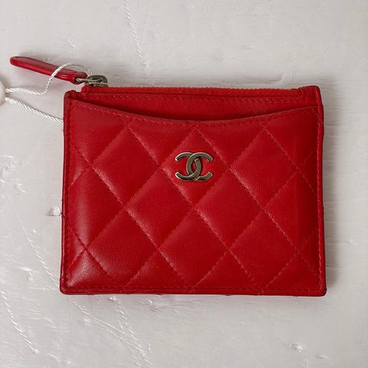 香奈儿羊皮卡包红色金扣23开